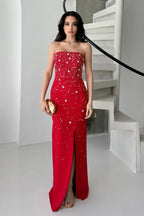 Embroidered Strapless Slit Maxi Dress - Red - Mirelline Store