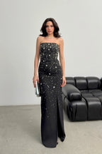 Embroidered Strapless Slit Maxi Dress - Black - Mirelline Store