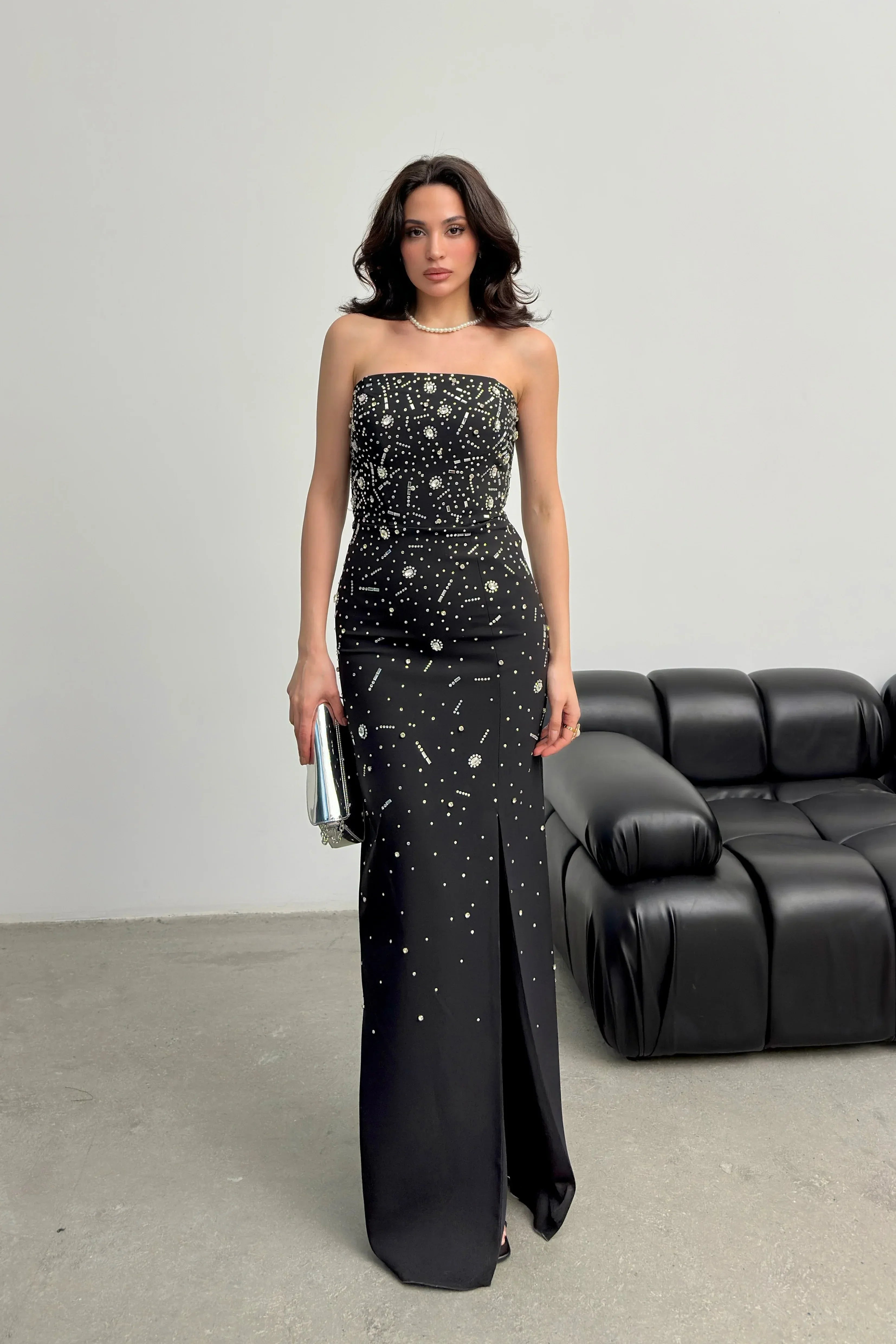 Embroidered Strapless Slit Maxi Dress - Black - Mirelline Store