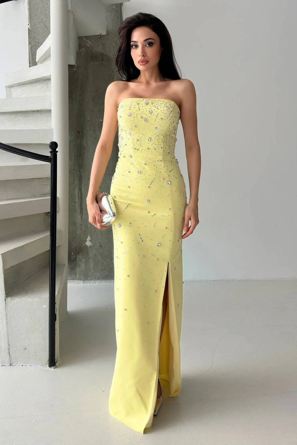 Embroidered Strapless Slit Maxi Dress - Yellow - Mirelline Store