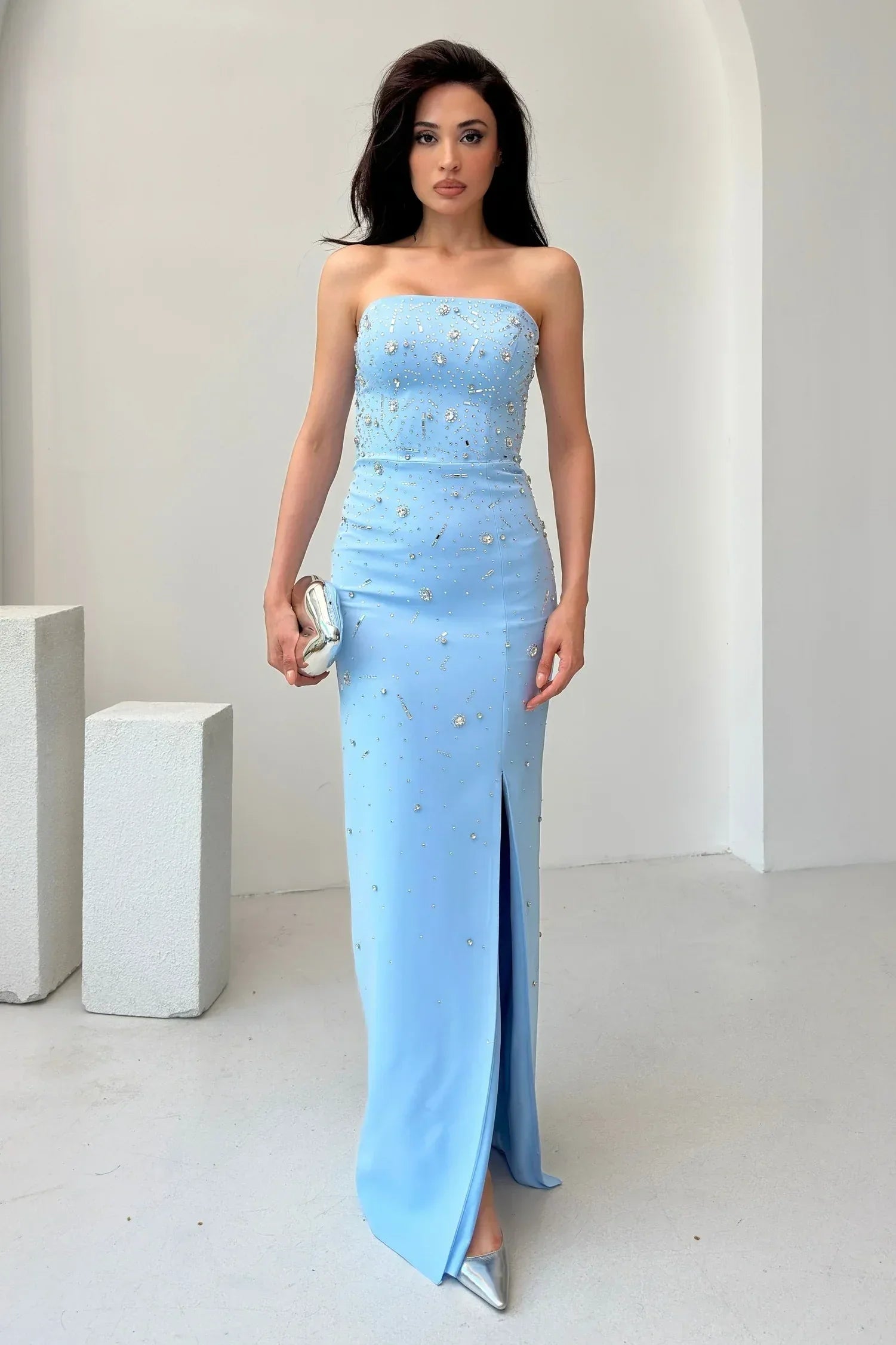 Embroidered Strapless Slit Maxi Dress - Baby Blue - Mirelline Store