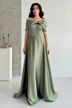 Off-Shoulder Bow Structured Satin Maxi Dress - Olive Green - Mirelline Store