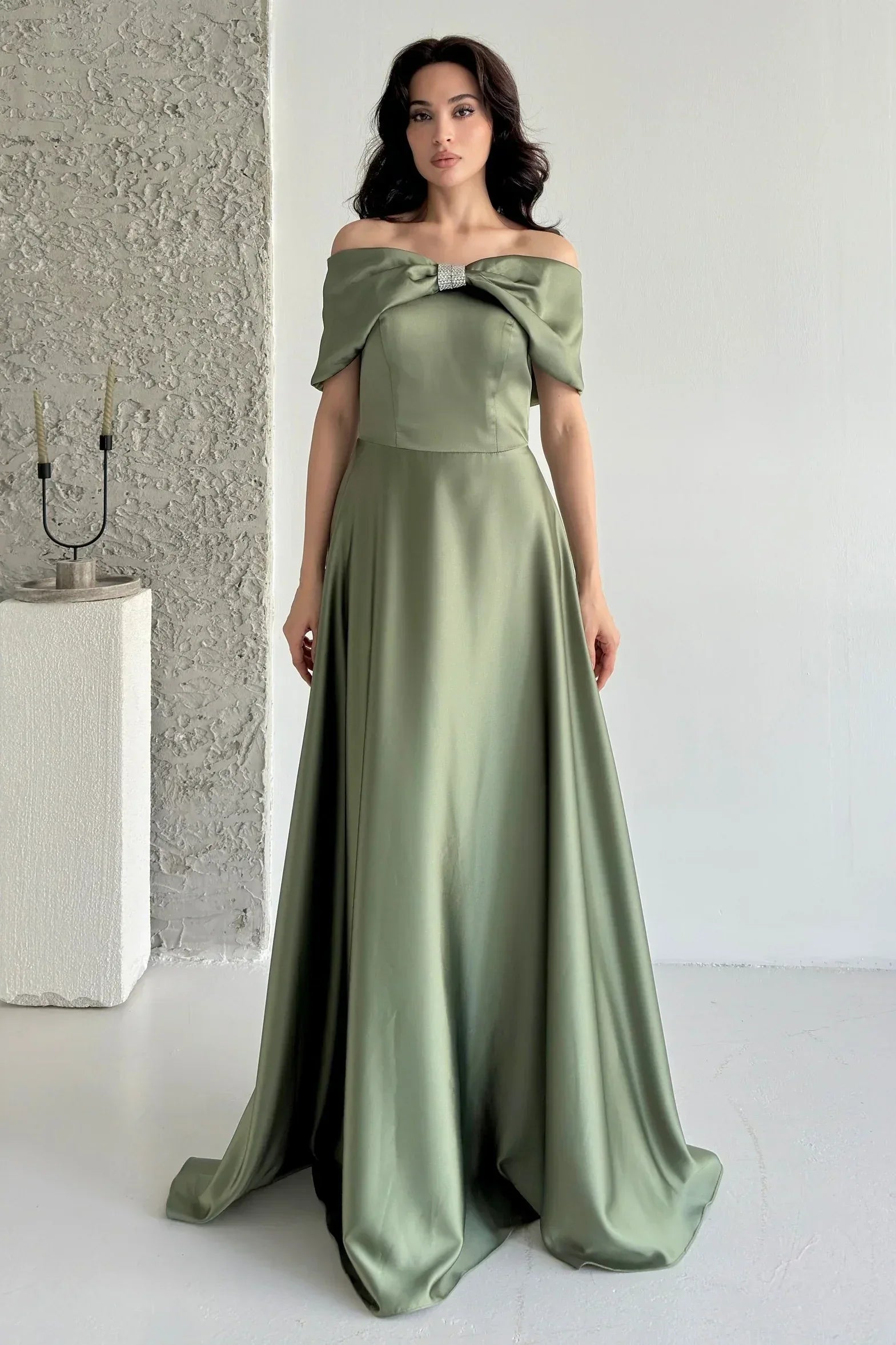 Off-Shoulder Bow Structured Satin Maxi Dress - Olive Green - Mirelline Store