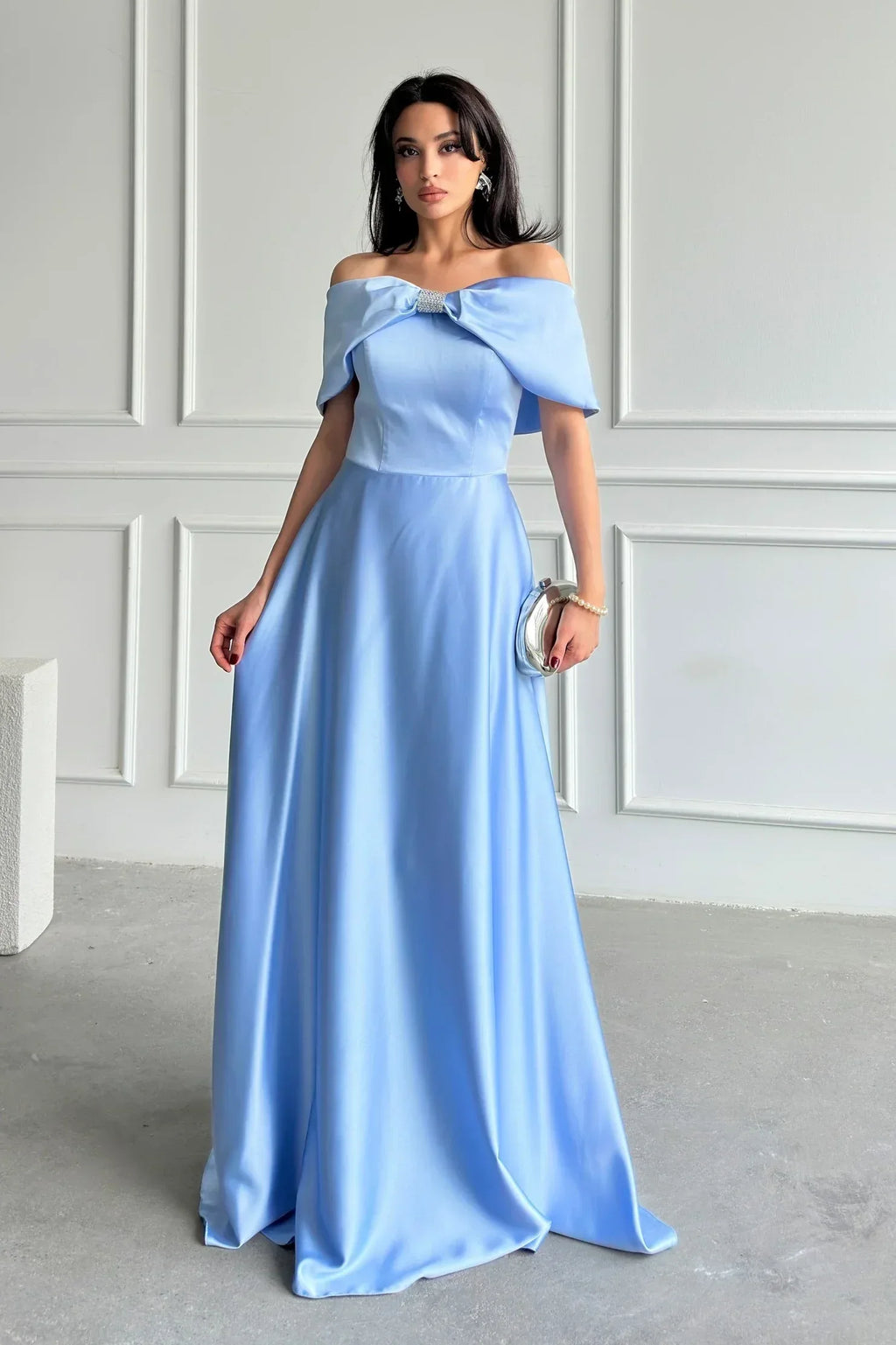 Off-Shoulder Bow Structured Satin Maxi Dress - Baby Blue - Mirelline Store