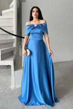 Bow Detail Off-Shoulder Satin Maxi Dress - Blue - Mirelline Store