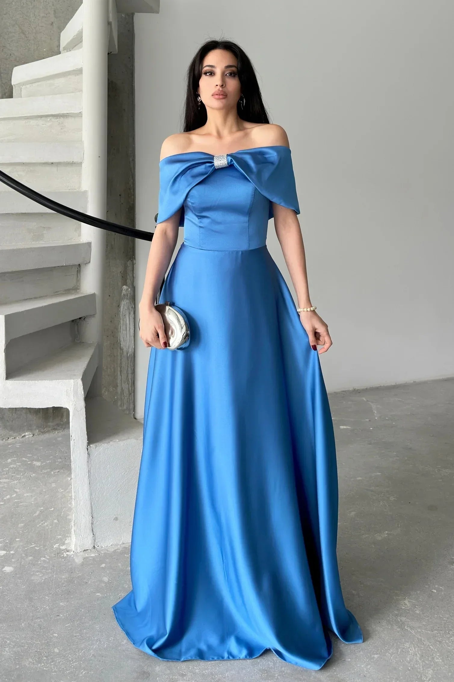 Bow Detail Off-Shoulder Satin Maxi Dress - Blue - Mirelline Store
