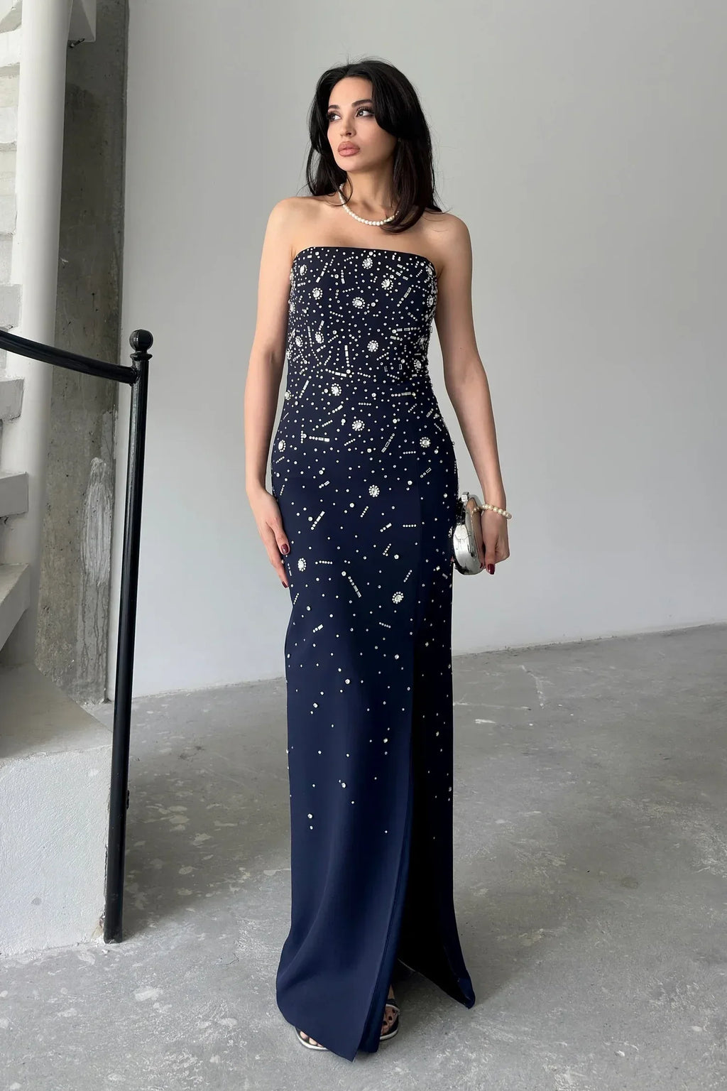 Embroidered Strapless Slit Maxi Dress - Navy - Mirelline Store