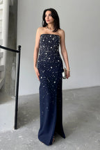 Embroidered Strapless Slit Maxi Dress - Navy - Mirelline Store