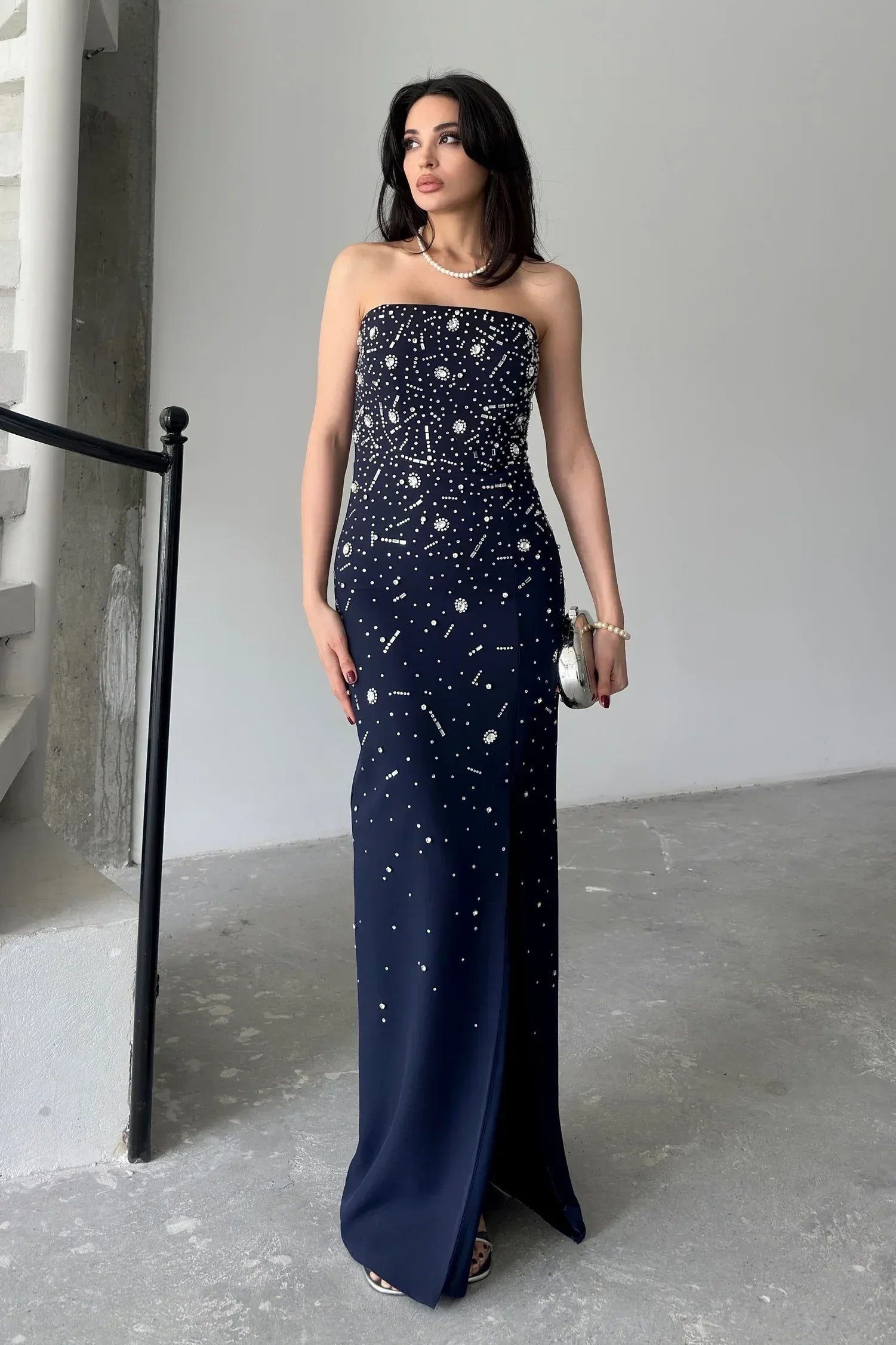 Embroidered Strapless Slit Maxi Dress - Navy - Mirelline Store