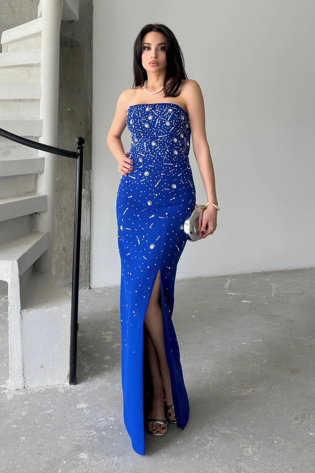 Embroidered Strapless Slit Maxi Dress - Royal Blue - Mirelline Store