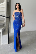 Embroidered Strapless Slit Maxi Dress - Royal Blue - Mirelline Store