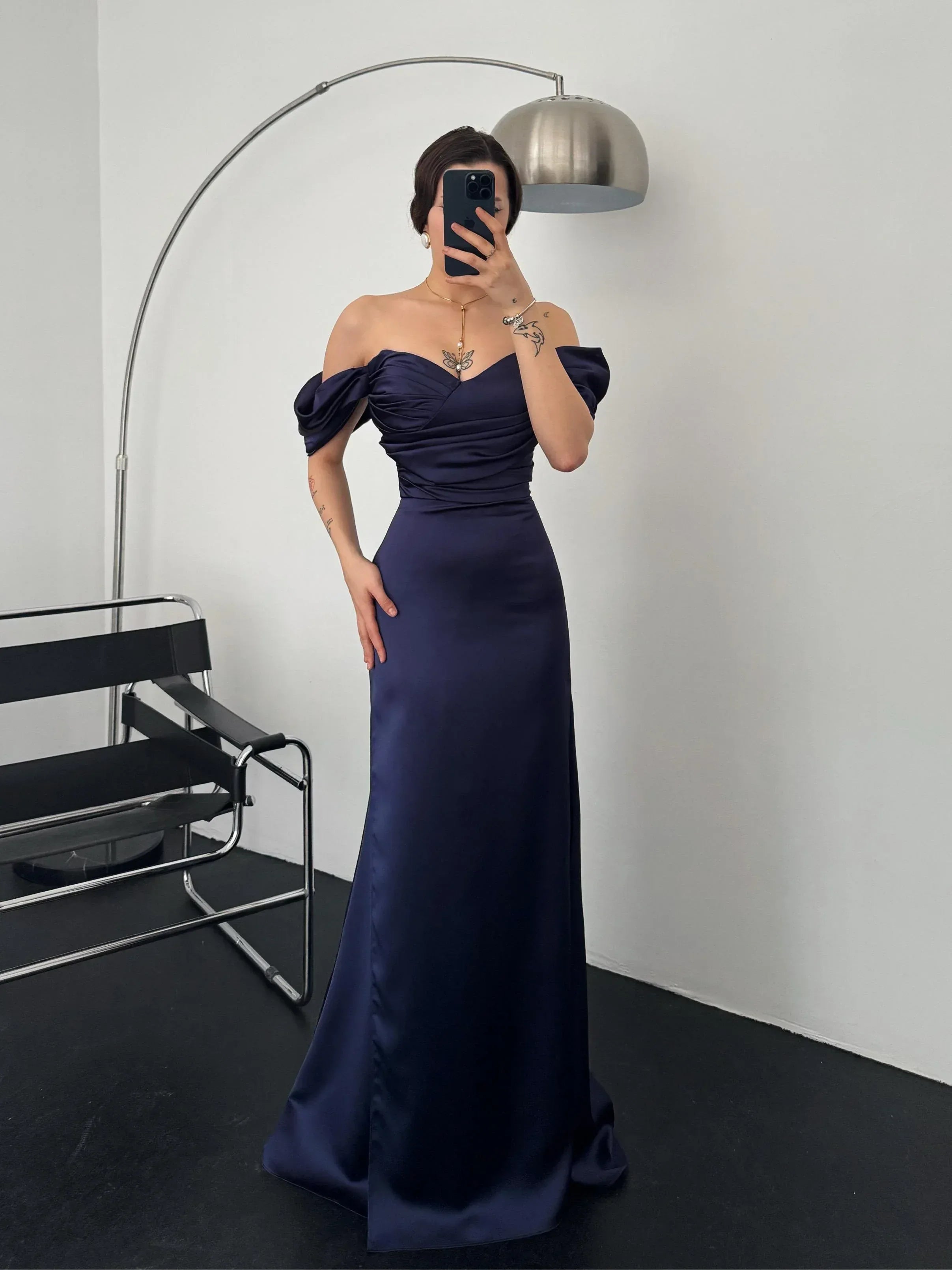Ruched Off-Shoulder Satin Maxi Dress - Navy - Mirelline Store
