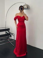 Ruched Off-Shoulder Satin Maxi Dress - Red - Mirelline Store
