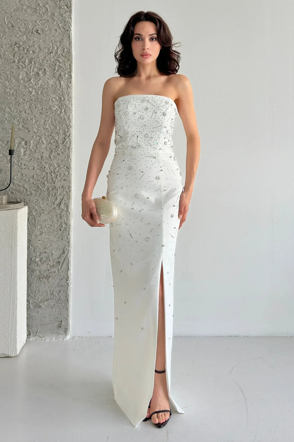 Embroidered Strapless Slit Maxi Dress - White - Mirelline Store