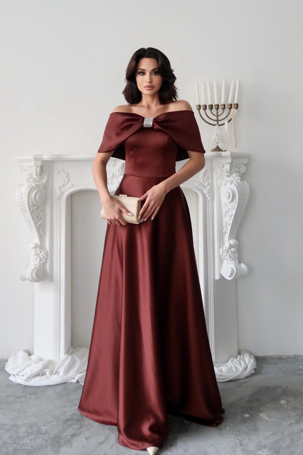 Off-Shoulder Bow Structured Satin Maxi Dress - Deep Brown - Mirelline Store