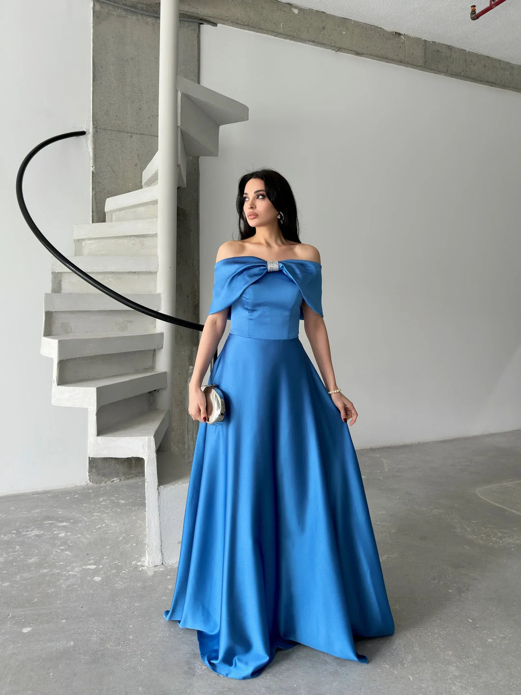 Bow Detail Off-Shoulder Satin Maxi Dress - Blue - Mirelline Store
