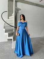 Bow Detail Off-Shoulder Satin Maxi Dress - Blue - Mirelline Store