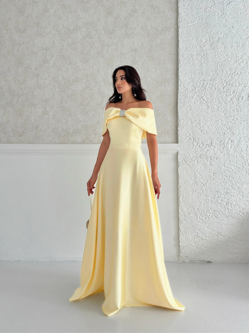 Off-Shoulder Bow Structured Satin Maxi Dress - Pale Yellow - Mirelline Store