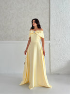 Off-Shoulder Bow Structured Satin Maxi Dress - Pale Yellow - Mirelline Store