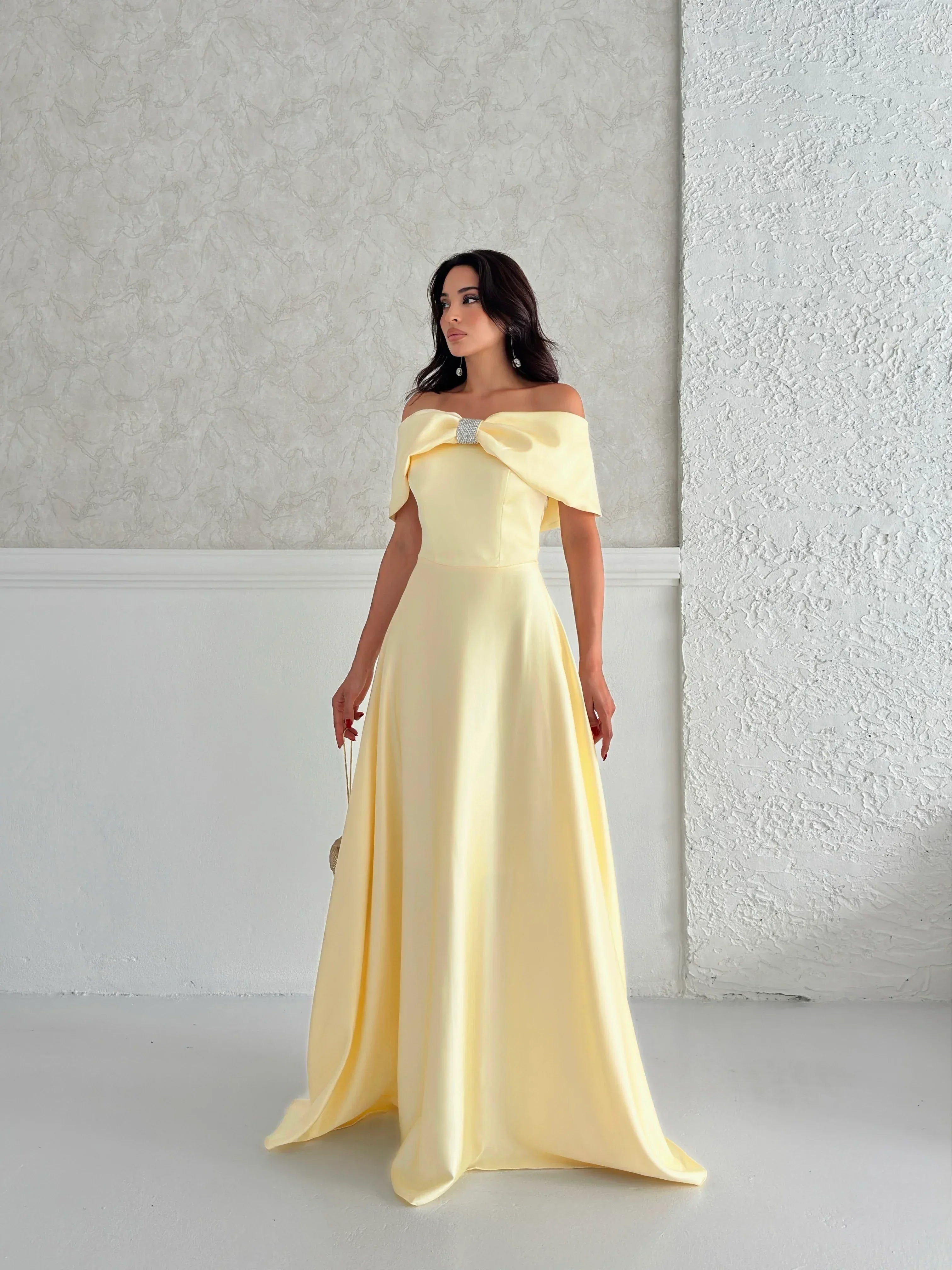 Off-Shoulder Bow Structured Satin Maxi Dress - Pale Yellow - Mirelline Store