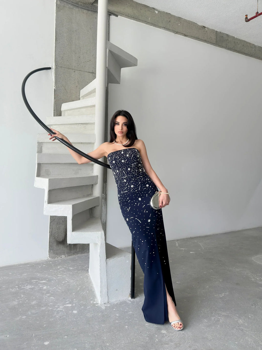 Embroidered Strapless Slit Maxi Dress - Navy - Mirelline Store
