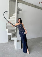 Embroidered Strapless Slit Maxi Dress - Navy - Mirelline Store
