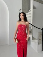 Embroidered Strapless Slit Maxi Dress - Red - Mirelline Store
