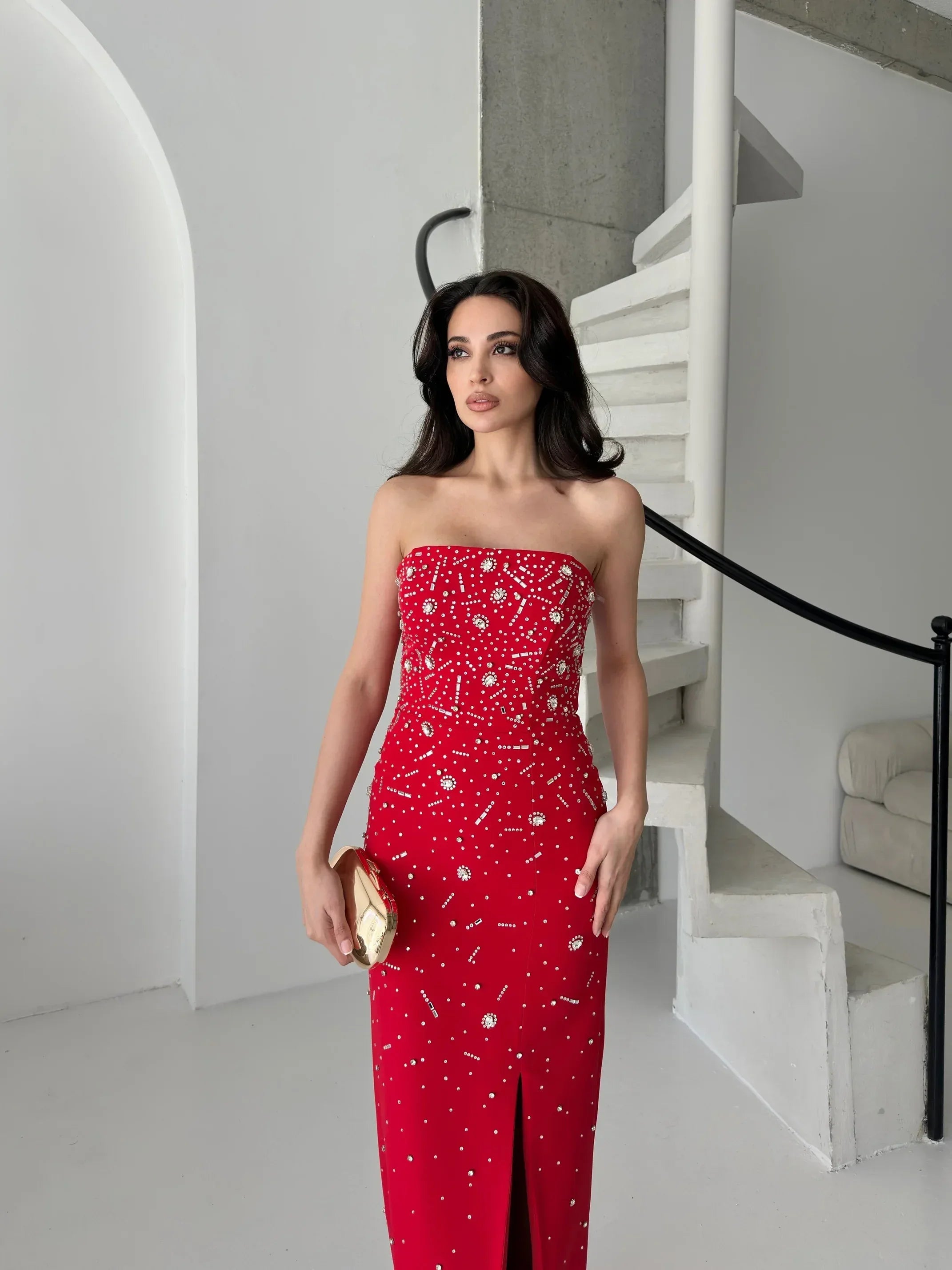 Embroidered Strapless Slit Maxi Dress - Red - Mirelline Store