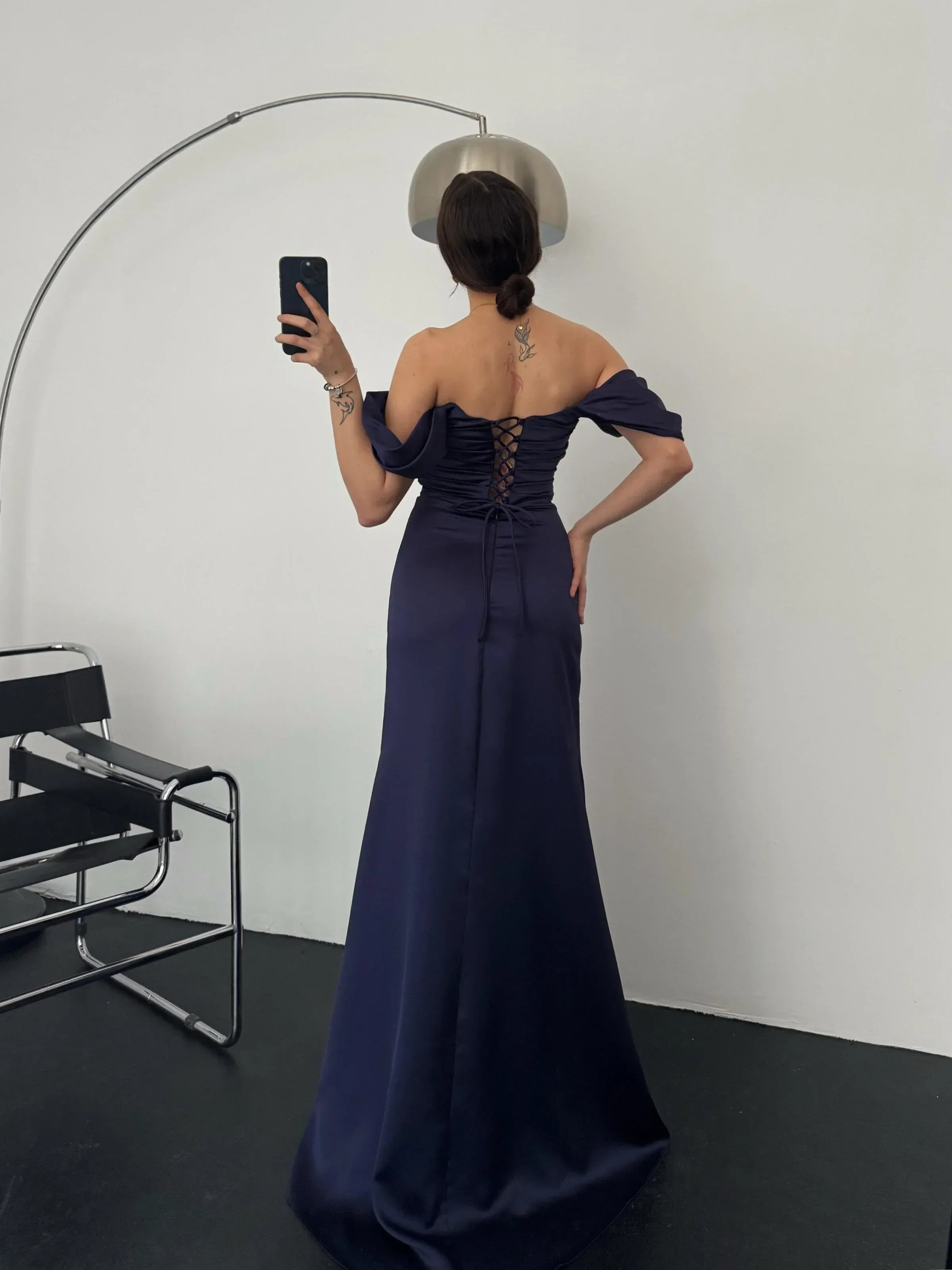 Ruched Off-Shoulder Satin Maxi Dress - Navy - Mirelline Store