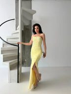 Embroidered Strapless Slit Maxi Dress - Yellow - Mirelline Store