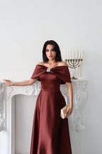 Off-Shoulder Bow Structured Satin Maxi Dress - Deep Brown - Mirelline Store