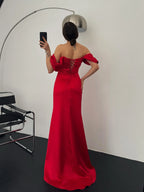 Ruched Off-Shoulder Satin Maxi Dress - Red - Mirelline Store
