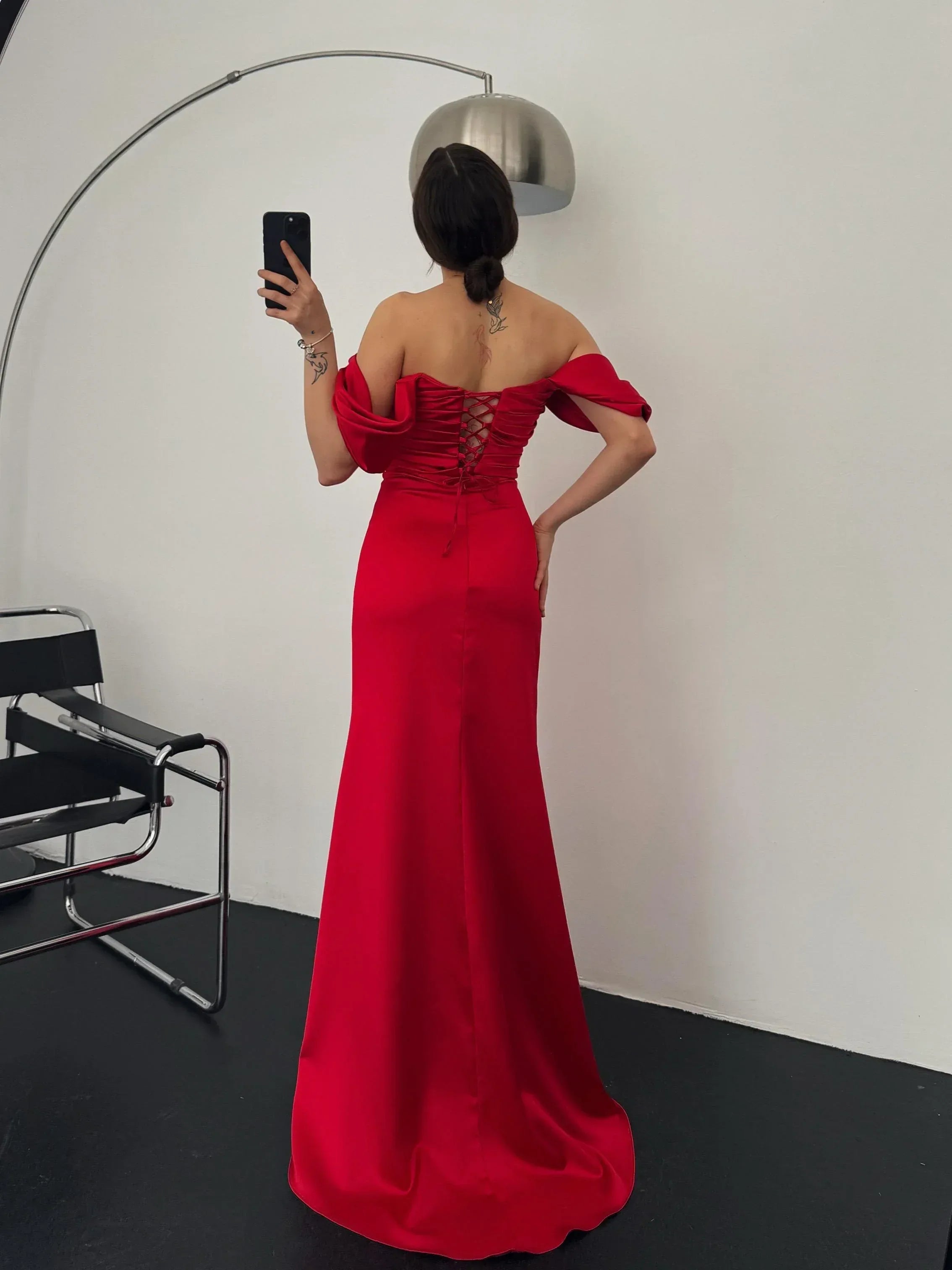 Ruched Off-Shoulder Satin Maxi Dress - Red - Mirelline Store