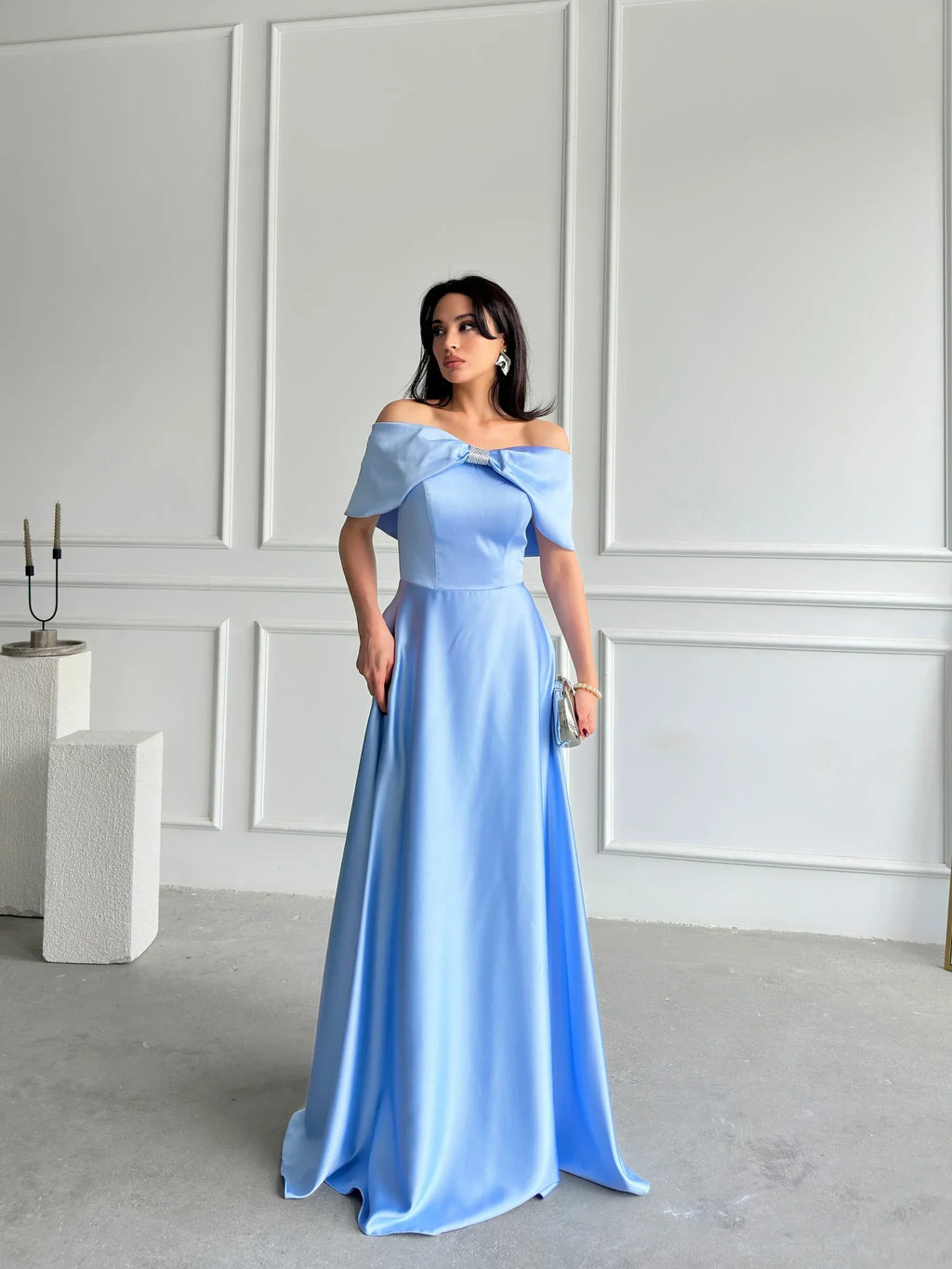 Off-Shoulder Bow Structured Satin Maxi Dress - Baby Blue - Mirelline Store