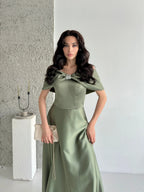 Off-Shoulder Bow Structured Satin Maxi Dress - Olive Green - Mirelline Store