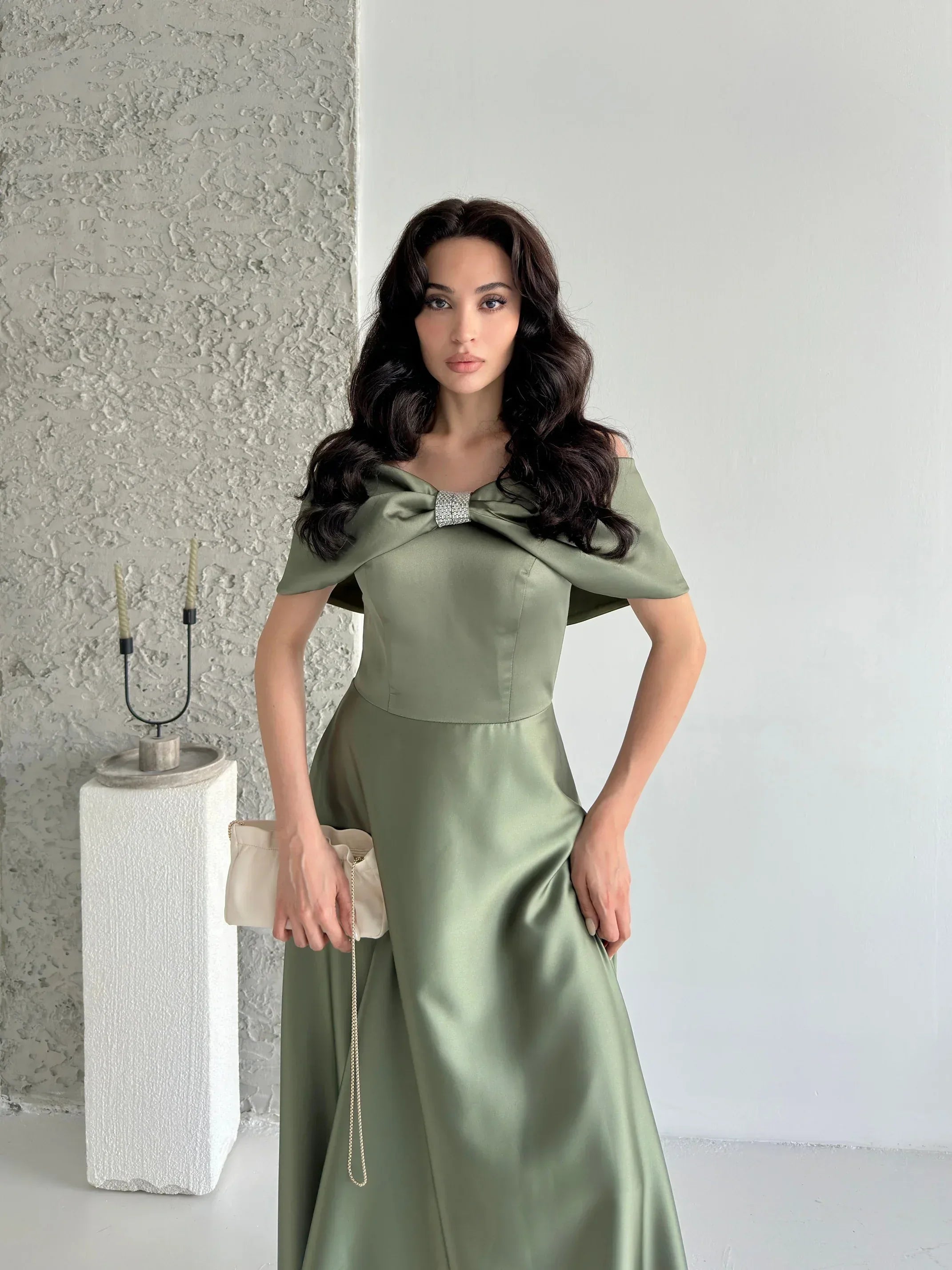 Off-Shoulder Bow Structured Satin Maxi Dress - Olive Green - Mirelline Store