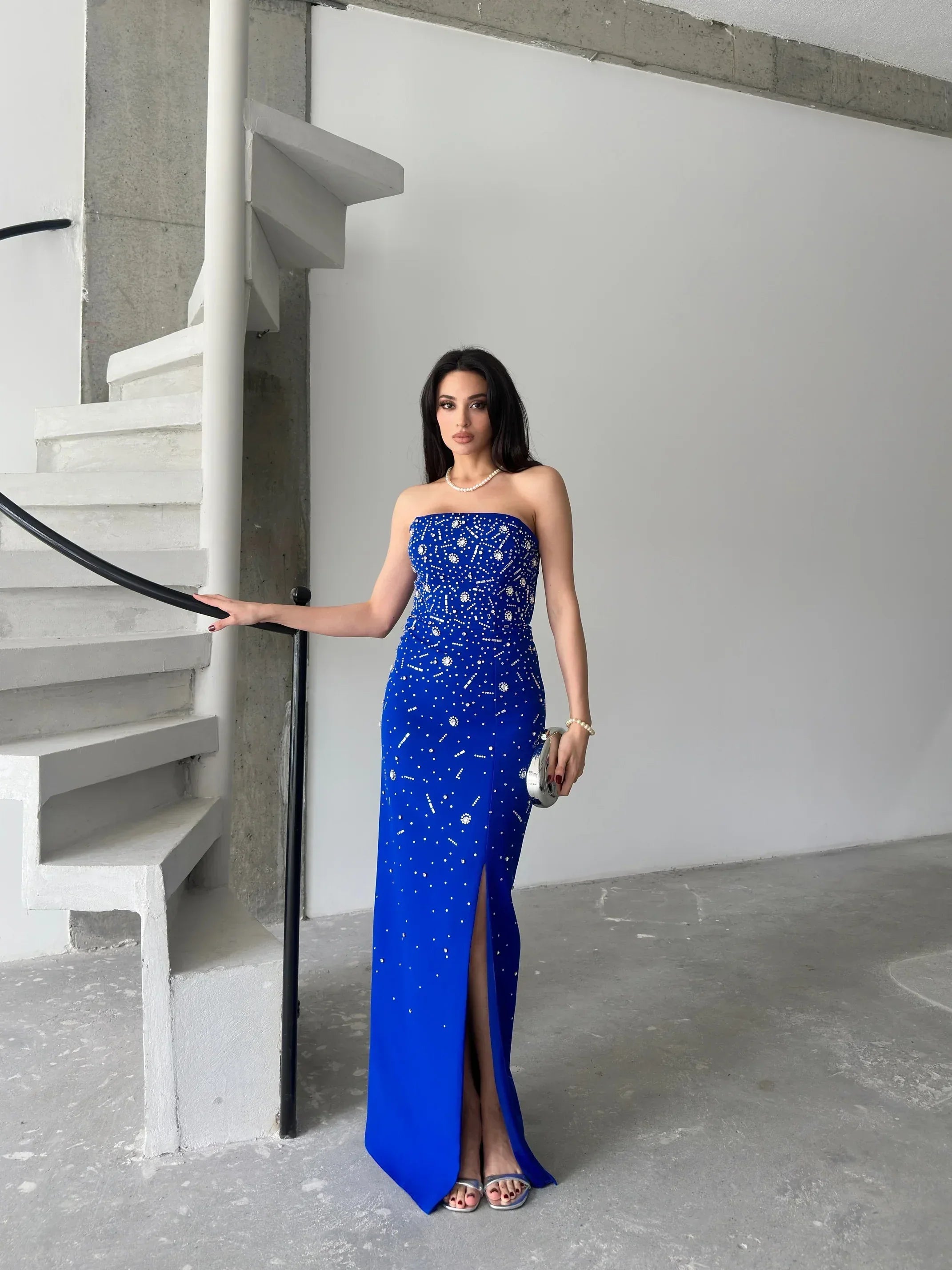 Embroidered Strapless Slit Maxi Dress - Royal Blue - Mirelline Store