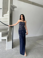 Embroidered Strapless Slit Maxi Dress - Navy - Mirelline Store