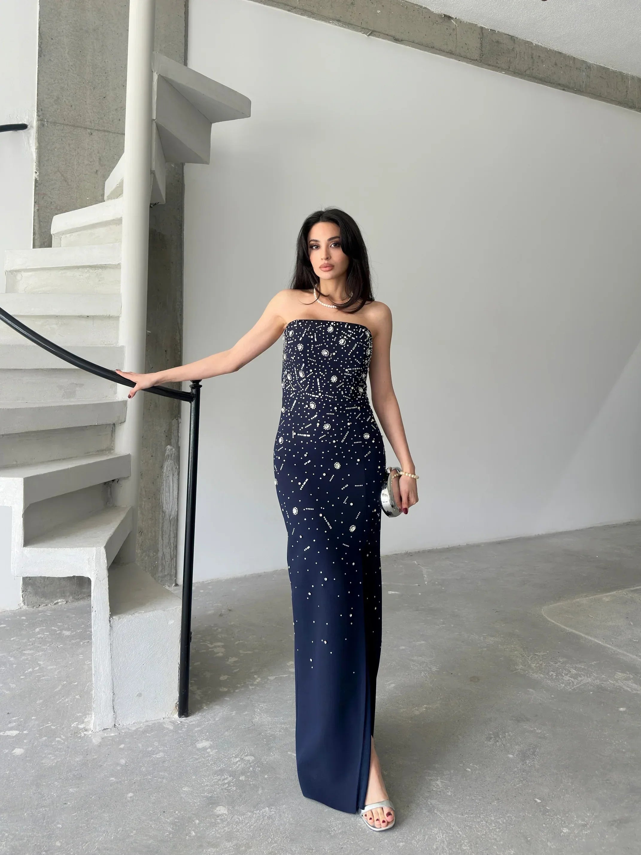 Embroidered Strapless Slit Maxi Dress - Navy - Mirelline Store