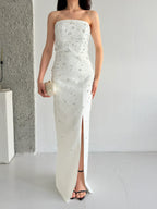 Embroidered Strapless Slit Maxi Dress - White - Mirelline Store