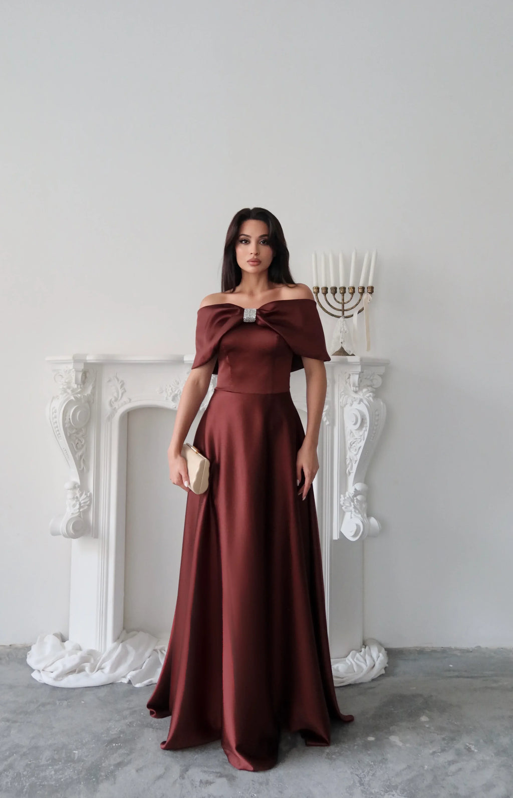 Off-Shoulder Bow Structured Satin Maxi Dress - Deep Brown - Mirelline Store