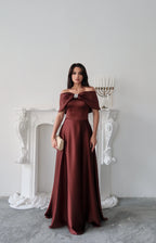 Off-Shoulder Bow Structured Satin Maxi Dress - Deep Brown - Mirelline Store