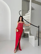 Embroidered Strapless Slit Maxi Dress - Red - Mirelline Store