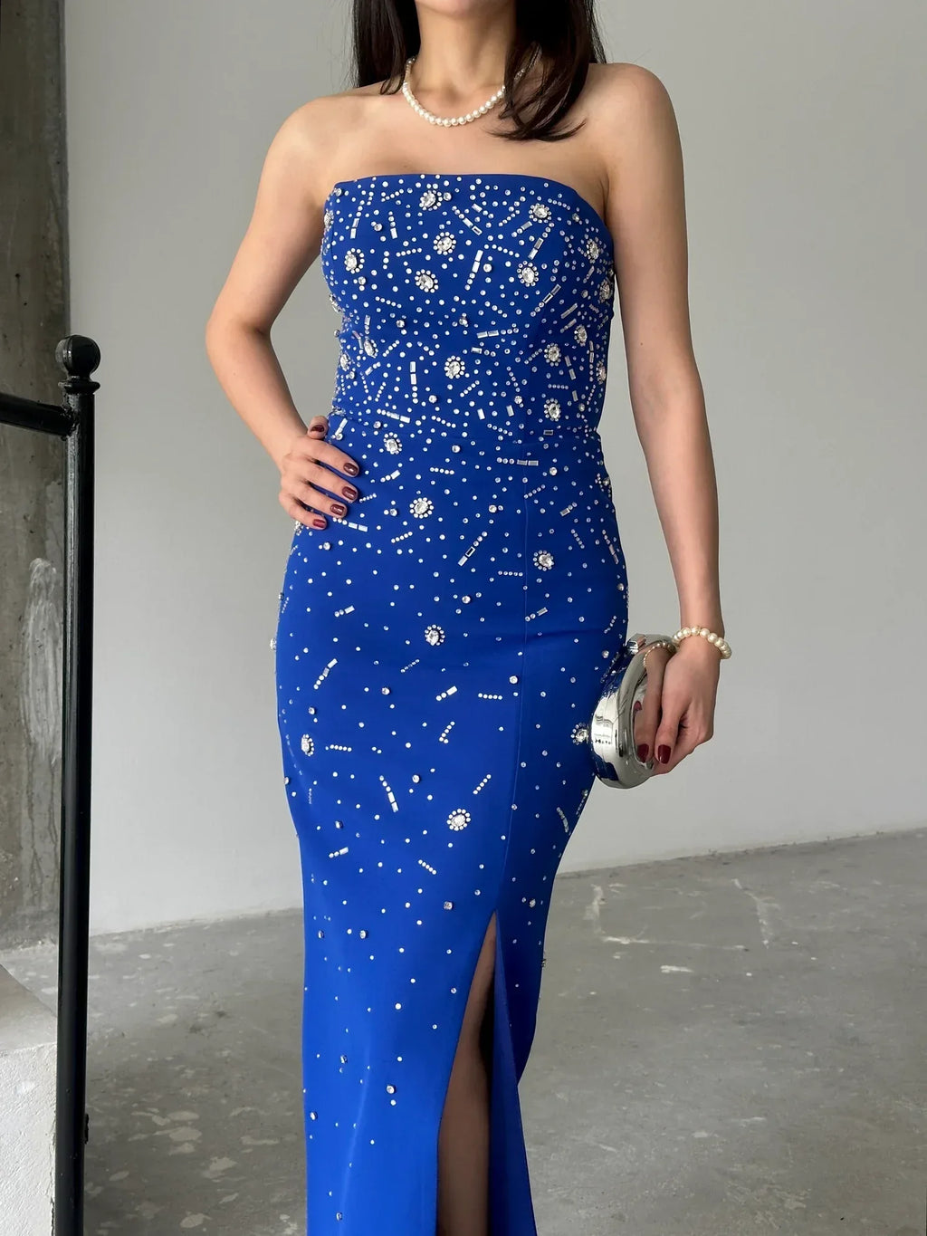 Embroidered Strapless Slit Maxi Dress - Royal Blue - Mirelline Store