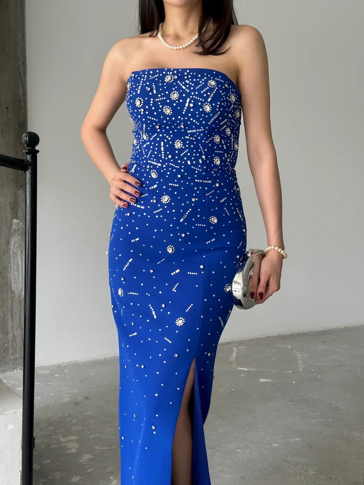 Embroidered Strapless Slit Maxi Dress - Royal Blue - Mirelline Store