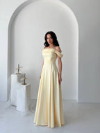 Rhinestone Strap Off-Shoulder Satin Maxi Dress - Yellow - Mirelline Store