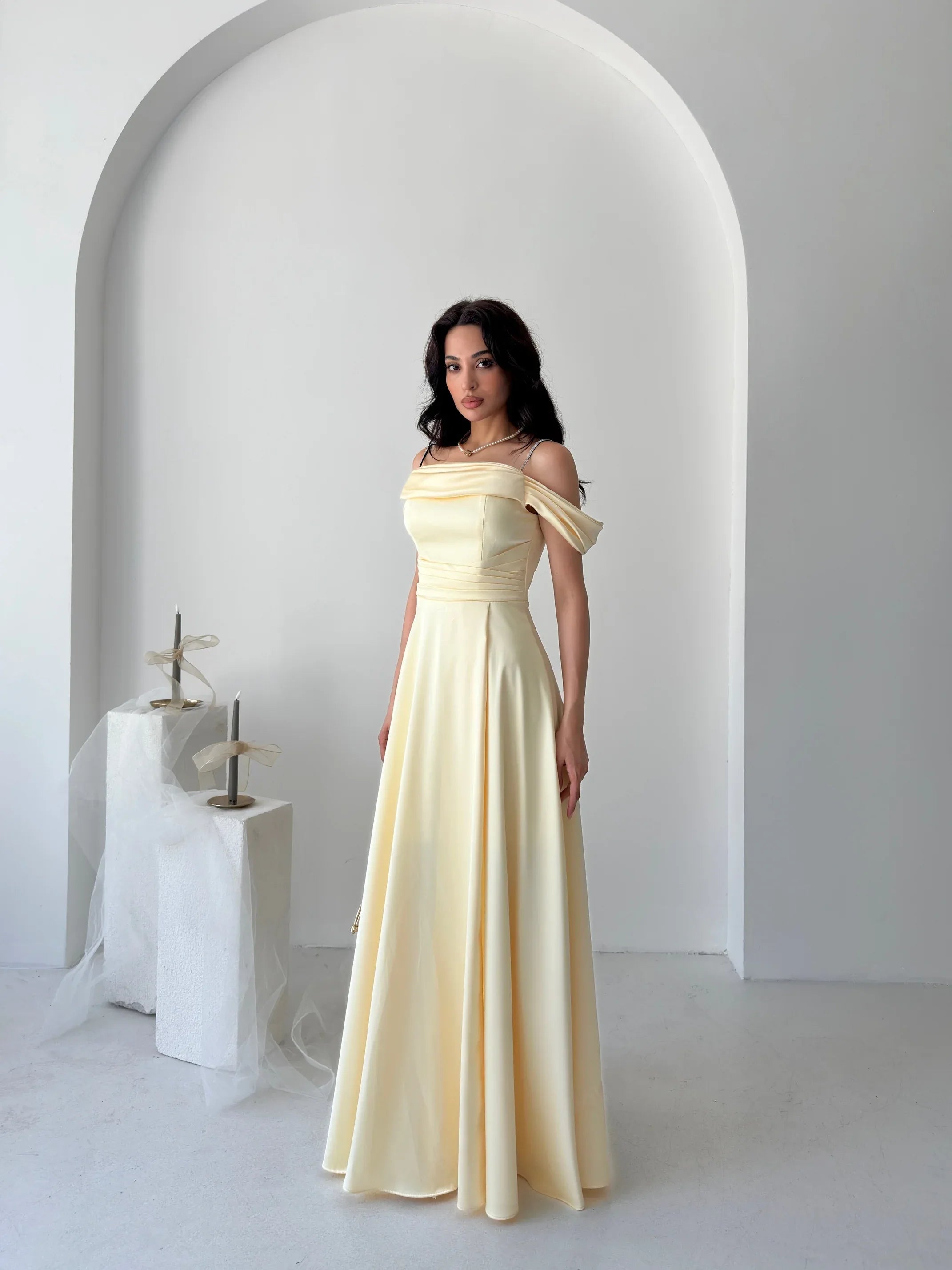 Rhinestone Strap Off-Shoulder Satin Maxi Dress - Yellow - Mirelline Store