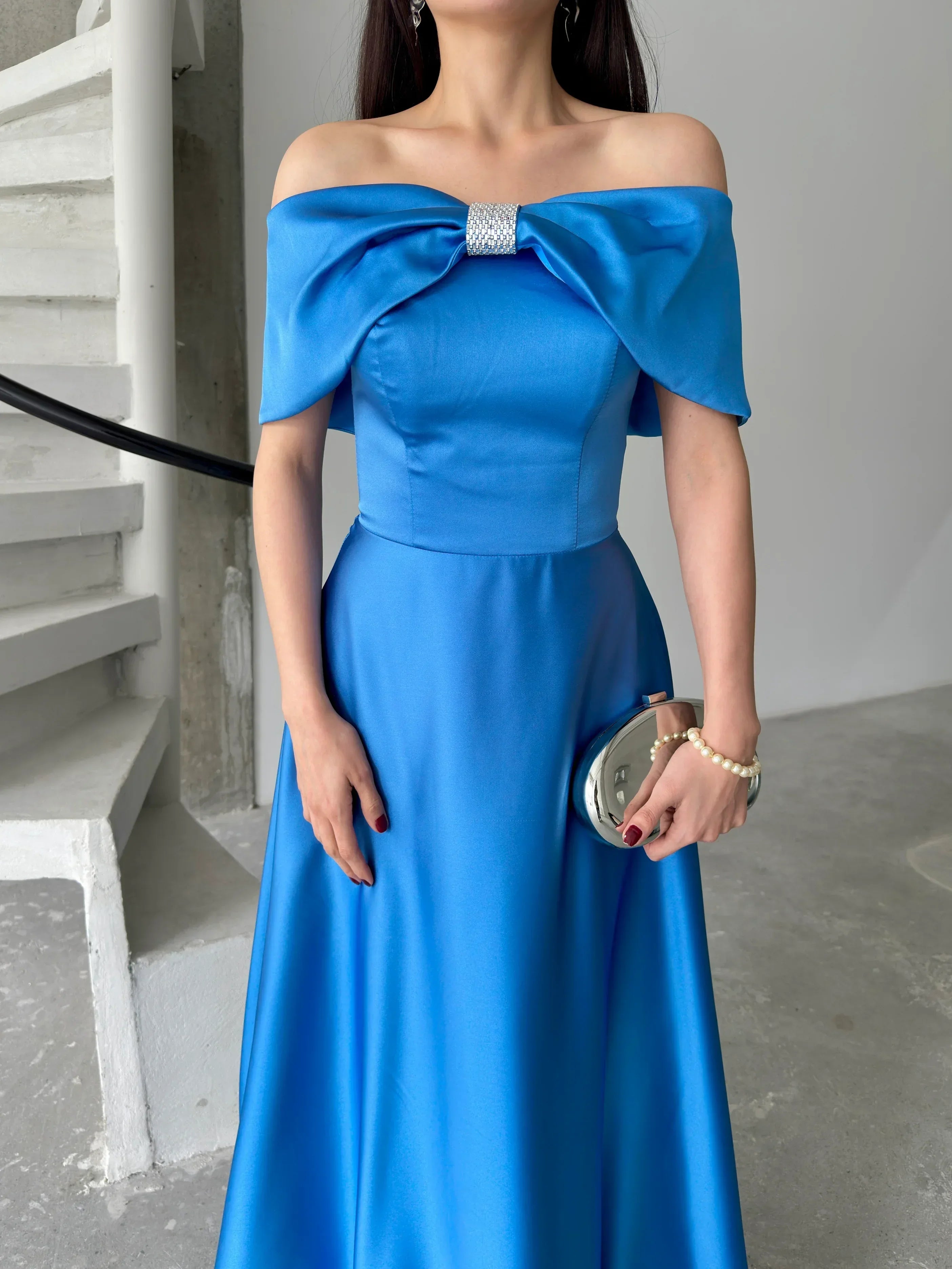 Bow Detail Off-Shoulder Satin Maxi Dress - Blue - Mirelline Store