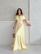 Off-Shoulder Bow Structured Satin Maxi Dress - Pale Yellow - Mirelline Store