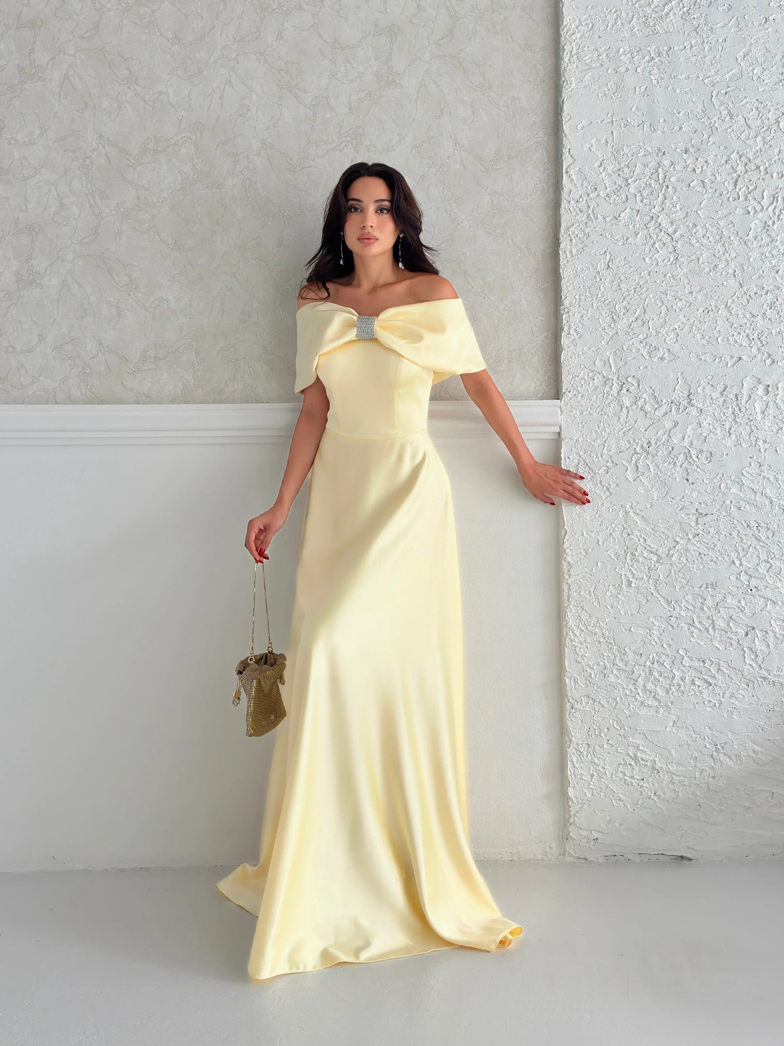 Off-Shoulder Bow Structured Satin Maxi Dress - Pale Yellow - Mirelline Store